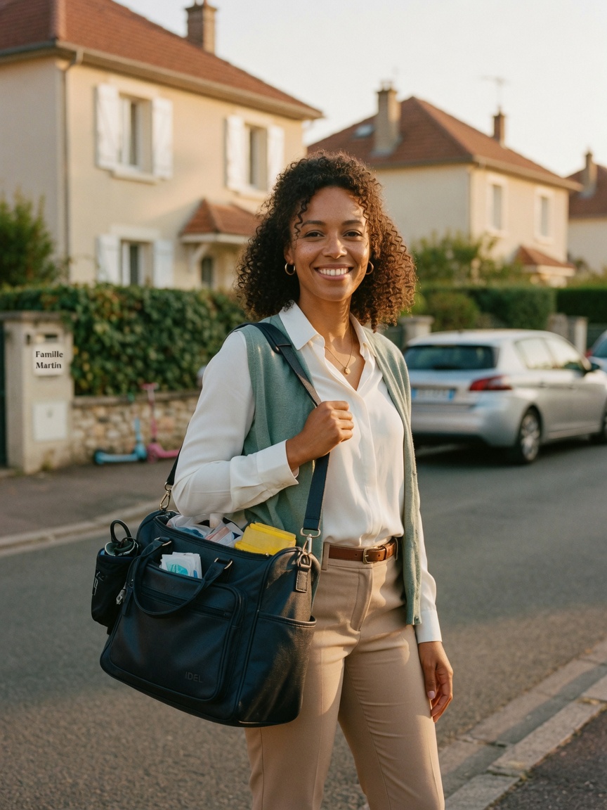 IDEL souriante devant sa voiture, sacoche à l'épaule